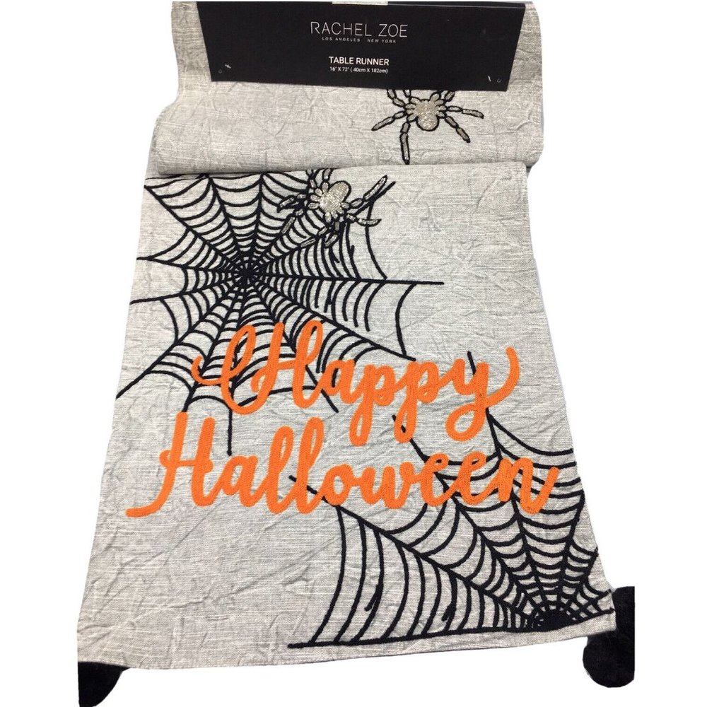 Rachel Zoe Happy Halloween Beaded Spider Table Runner Spiderweb Poms Decor 72"
